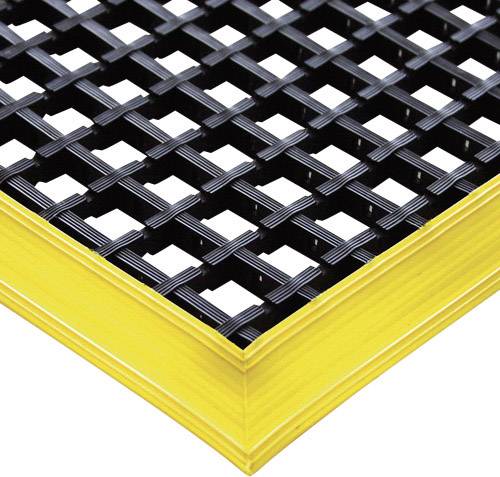 Non-slip grid with a black surface and yellow border for safety applications. Suitable for industrial or commercial use.