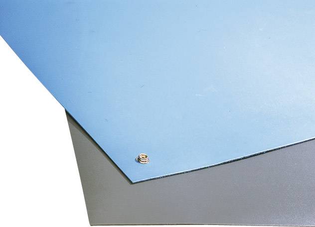 A blue desk mat with a metal rivet on a grey surface.