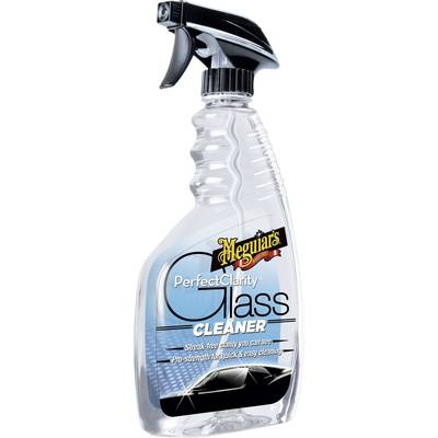 A spray bottle of Meguiar's glass cleaner, labelled as 'Perfect Clarity Glass Cleaner', promises streak-free cleaning.