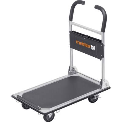 Transport trolley with a black platform and two handles, 'meister' logo placed on the side. Suitable for carrying loads.