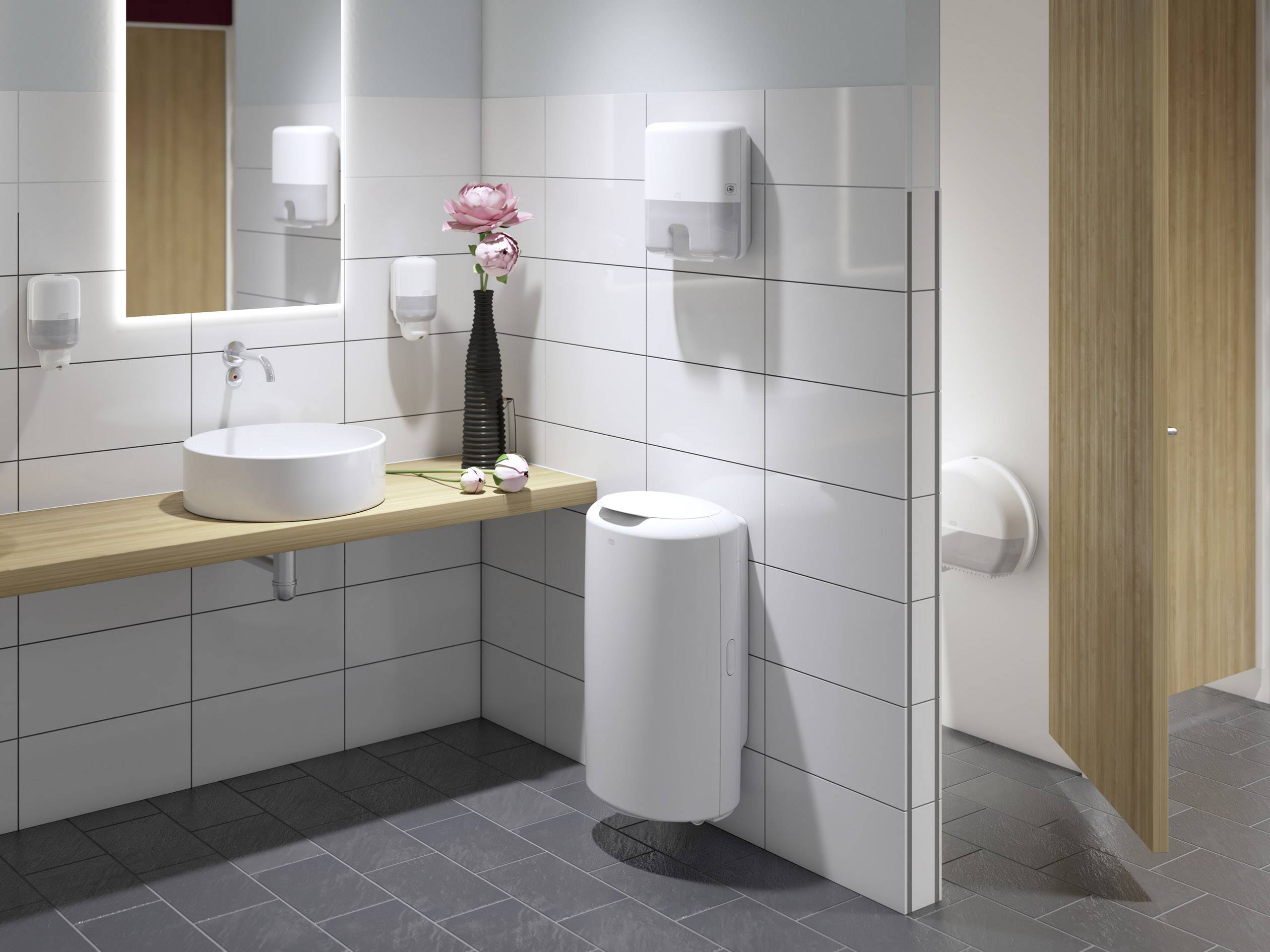 A modern bathroom with a basin mounted on a wooden worktop, with a large mirror above. To the right, an open dispenser and a closed waste bin.