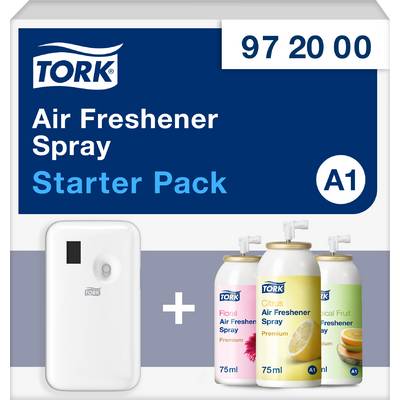 'Tork Air Freshener Spray Starter Pack A1', containing three spray cans (Floral, Citrus, Tropical Fruit) and a dispenser.