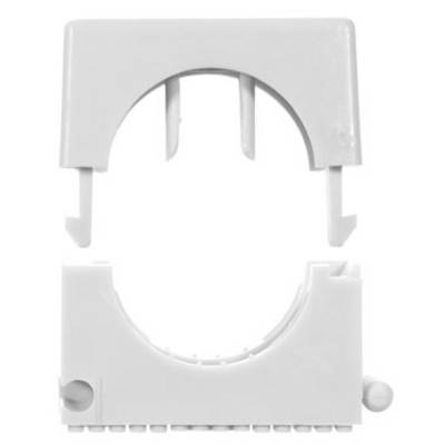 A white plastic holder with a symmetrical, round cut-out in the centre, consisting of two parts that fit together.