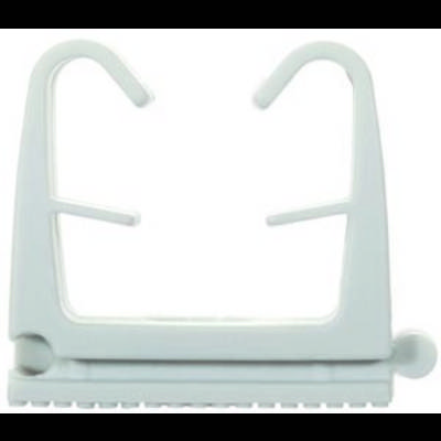 Grey plastic bag holder with two hooks at the top for attaching to a surface, with a ribbed base underneath.