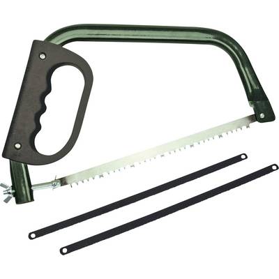 A hacksaw with a green frame and black handle is lying next to two replacement saw blades.