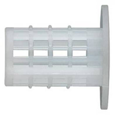 A transparent plastic wall plug with lateral slits and a flat edge at the open end.