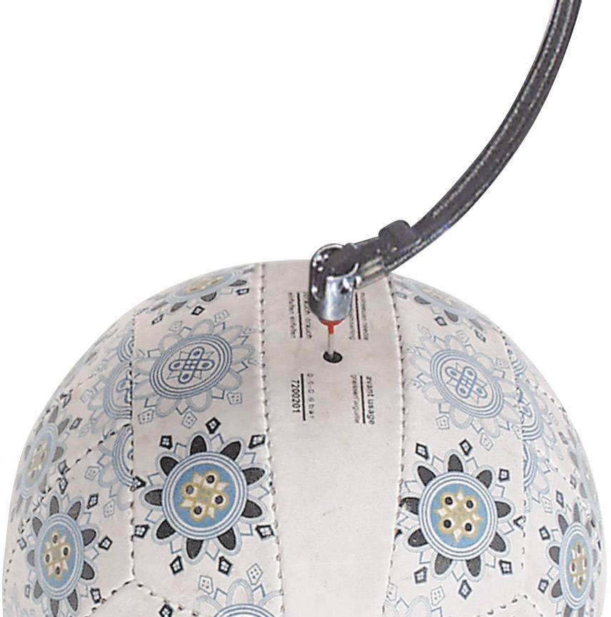 A decorative ball with a blue and white floral pattern and valve, suitable for inflating.