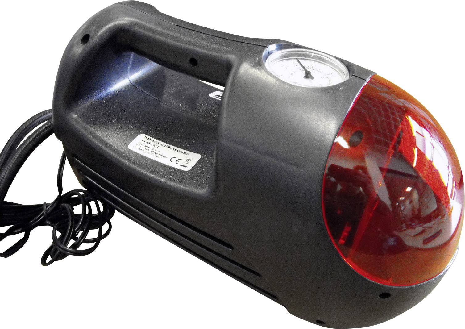 Portable air compressor with pressure gauge, black casing and red plastic lid, useful for inflating tyres.