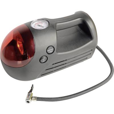 Portable air compressor in a black housing with a red cover. Pressure gauge located on top, hose with valve connection positioned on the right-hand side.