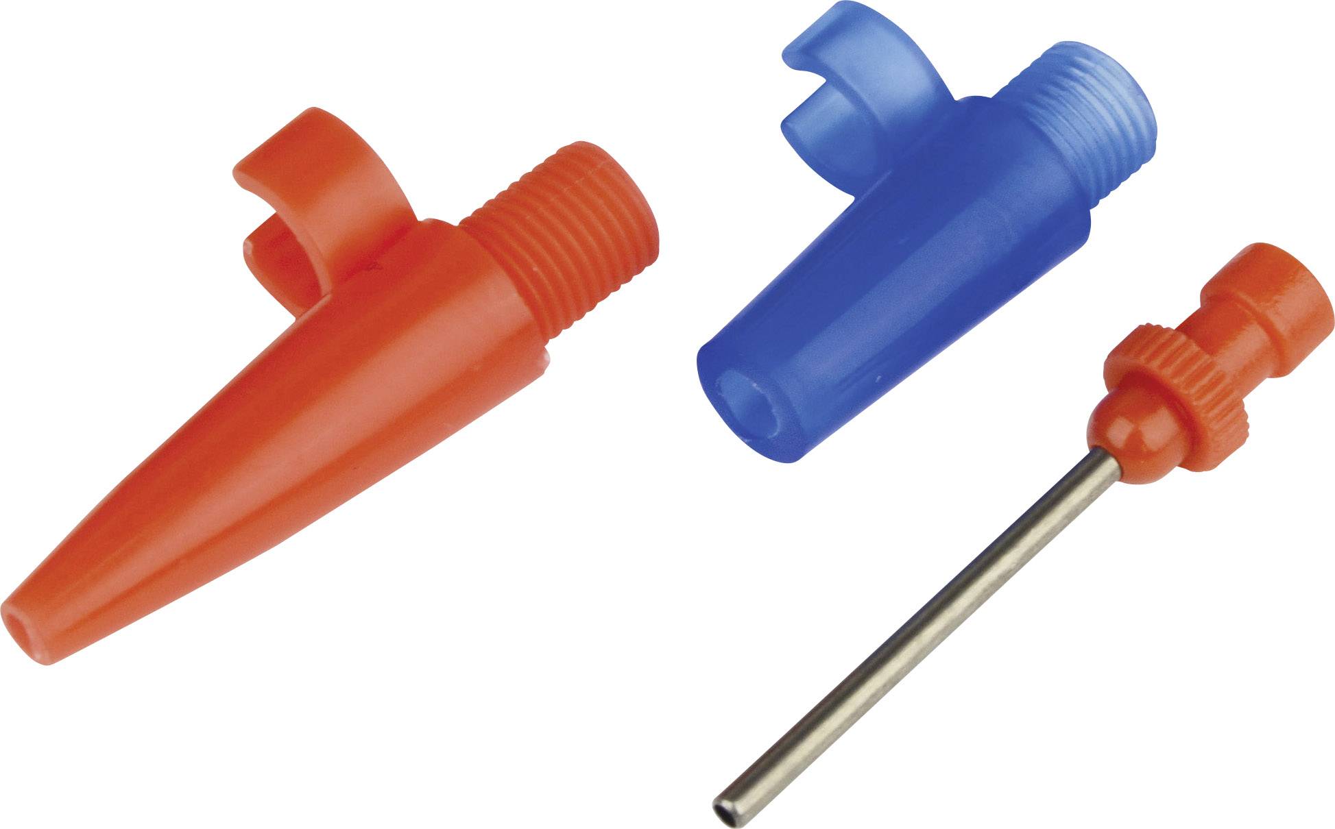 Three coloured plastic components: a red pointed thread, a blue pointed thread with a nozzle, and a metal rod with an orange head.
