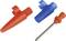 Three coloured plastic components: a red pointed thread, a blue pointed thread with a nozzle, and a metal rod with an orange head.