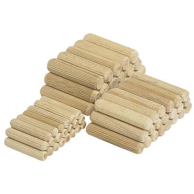 A collection of wooden dowels in various stacks, likely used for furniture assembly or wood jointing.