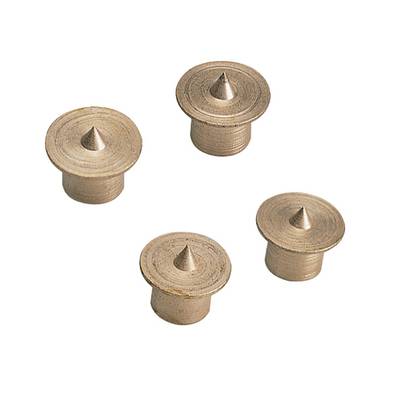 Four gold-coloured, round metal drawing pins with a pointed protrusion in the centre, laid on a white surface.