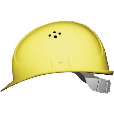 A yellow safety helmet with ventilation holes, typical personal protective equipment for construction sites or industrial environments.
