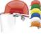 A red safety helmet with a face visor, alongside five helmets in different colours (green, blue, yellow, white, orange) in a row.