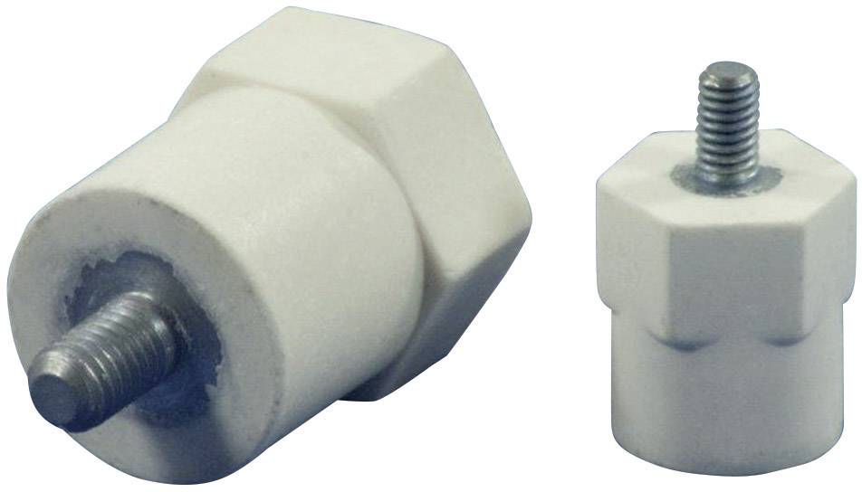 Two white ceramic bolts with metal threading, one slightly larger than the other. They are identically shaped and used as insulators.