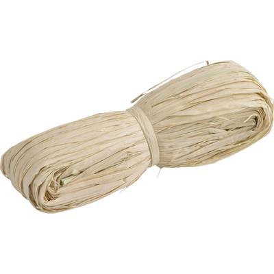 A bundle of raffia, held together with an elastic band. It is beige and suitable for crafting or wrapping.