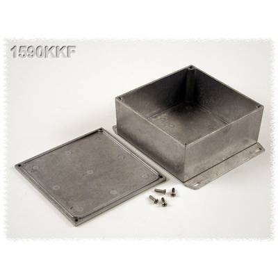 Metal enclosure with removed cover and four screws beside it. Model number '1590KKF' in the top left of the image.