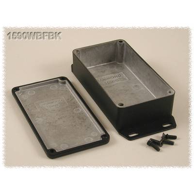 Rectangular black aluminium enclosure with the lid removed, four screws underneath. Suitable for electronic projects.