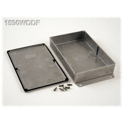 'Aluminium enclosure with lid removed, model number 1590WDDF. Six screws for securing the lid are placed beside it.'