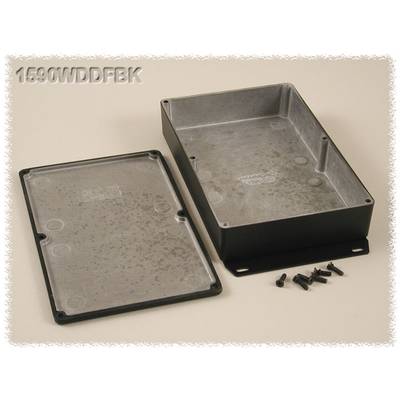 Metallic rectangular box with removable lid and screws, suitable for electronic enclosure use.