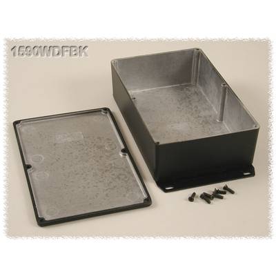 Black rectangular enclosure with the lid removed and screws lying beside it. At the top is the number '1590WDFBK'.
