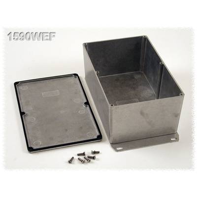 Metal enclosure without lid, 1590WEF, with removable cover and small screws on white background.