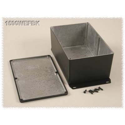 Metal enclosure and removed lid with screws, suitable for electronic assembly. Embossed number: '1590WEFBK'.