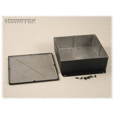 Aluminium enclosure with open lid, model '1590WFFBK'. Screws are visible. Enclosure for electronic assembly.