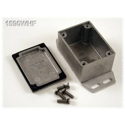 Metal enclosure next to its removed lid, six screws lying in front. Suitable for electronic projects or circuits.