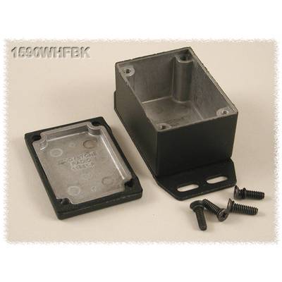 Metal enclosure with an open lid and five screws beside it. Housing for electronic components, robust and black.