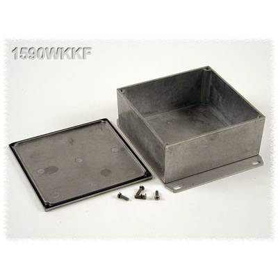 Rectangular metal enclosure, open with a separate lid and small screws beside it.