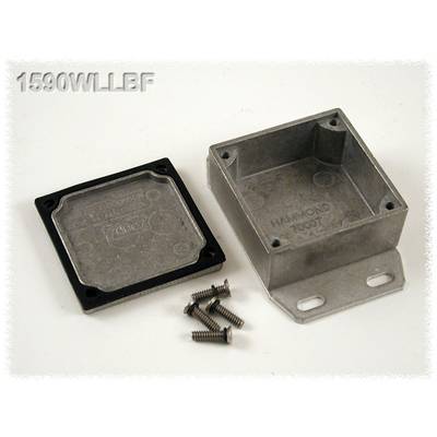 Aluminium enclosure with an open cover and accompanying screws placed beside it. The enclosure is drilled through for mounting.