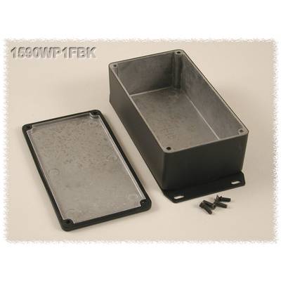 'Metal enclosure 1590WP-1FBK with lid removed, shown alongside four screws. Suitable for housing electronic components.'