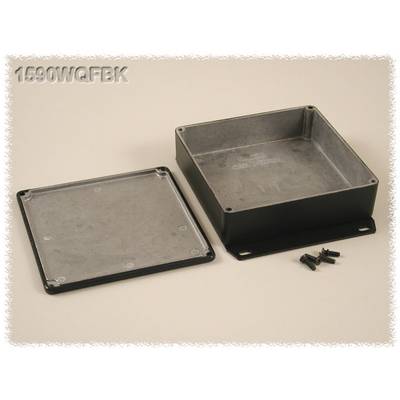 Black, square metal enclosure with removable cover and screws. Type: 1590WQFBK. Suitable for electronic components.