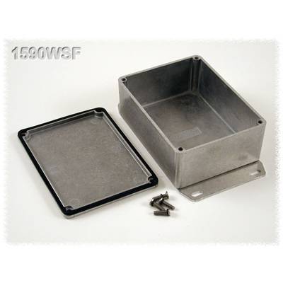 Metal enclosure with removed lid and six screws laid side by side. Model number '1590WSF' is visible in the top corner.
