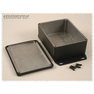 A black, rectangular metal enclosure with a removable lid and four screws. Marking '1590WSFBK' in the top left corner.