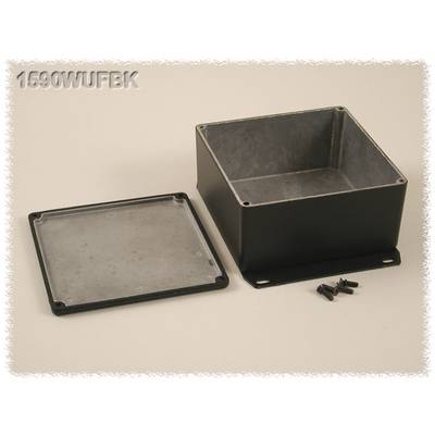 Metal enclosure opened, showing lid and screws, suitable for electronics projects. Model number '1590WUFBK' visible in the top left.
