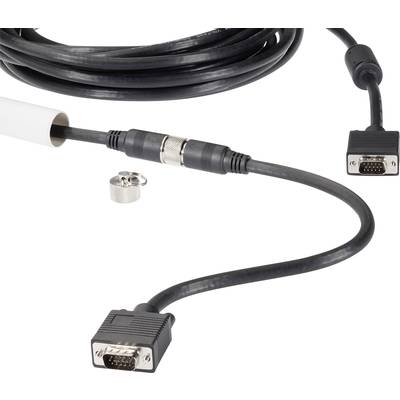 A black and grey VGA cable with plugs at both ends and a detachable adapter in the middle.