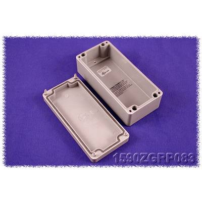 Grey rectangular enclosure with its lid removed, set against a purple background, model number '1590ZGRP088' visible in the image.