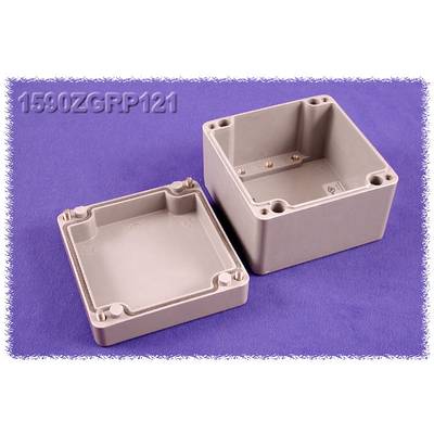 Simple grey plastic enclosures, one closed, one open, on a purple background. Primarily for storing electronic components.