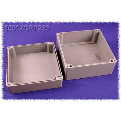 Two grey plastic enclosures on a purple background, one open and one closed. Model number '1590ZGRP235' visible.