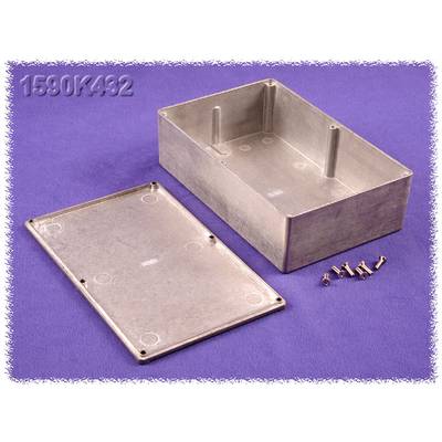 Metal enclosure with open lid and screws on a purple background.