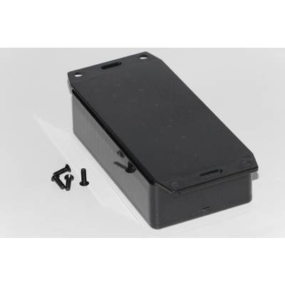 Black rectangular enclosure with removable cover; three small black screws beside it. Suitable for electronic projects.