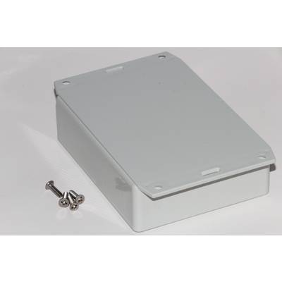 A rectangular, grey plastic enclosure with a removable cover and two screws is lying on a white background.