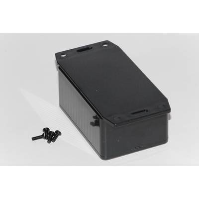 Black, rectangular case with a removable lid, with four black screws lying beside it.