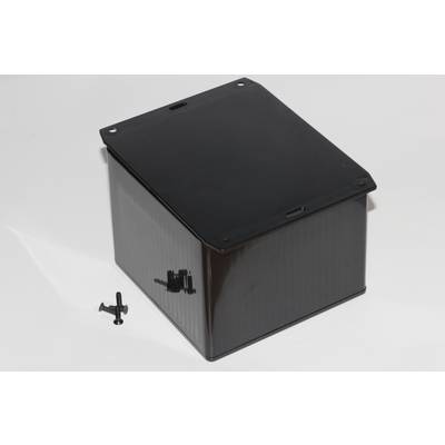 Black plastic box with a removable lid, with a small black screw lying beside it.
