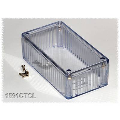 Transparent plastic box with ribbed structure, rectangular, with two small screws beside it. Text '1591CTCL' in bottom left corner.
