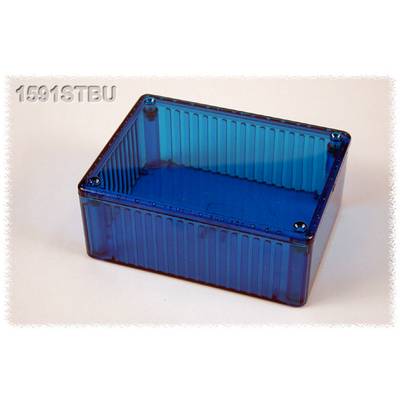 A rectangular, transparent blue plastic box with a ribbed surface, with the inscription '1591STBU' visible on it.