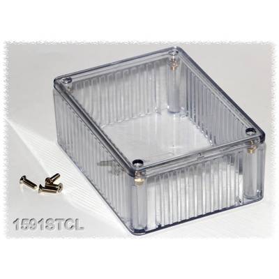 Transparent case, rectangular, with ribbed sides and screws beside it. Model number '1591STCL' in the corner.